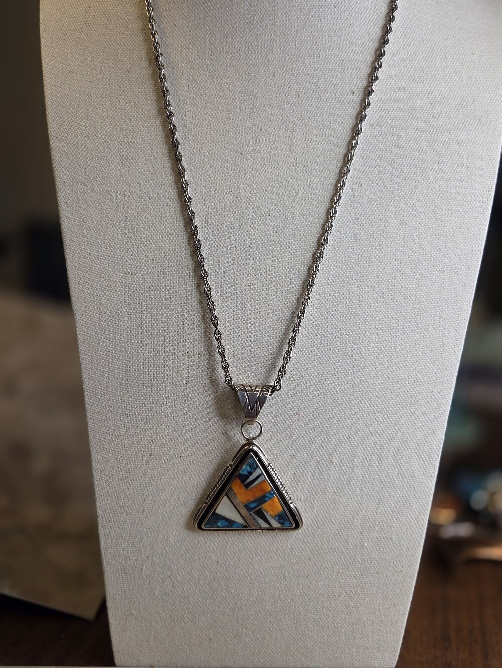 Navajo Signed Melissa Yazzie Inlay Pendant - Turquoise, Spiney Oyster, Onyz, MOP